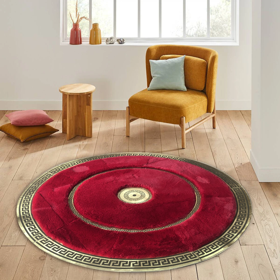 Round Red Gold Plush Rug