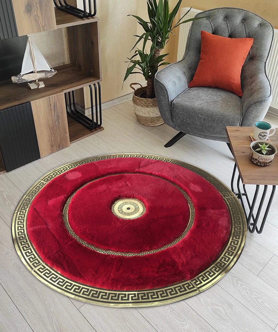 Round Red Gold Plush Rug