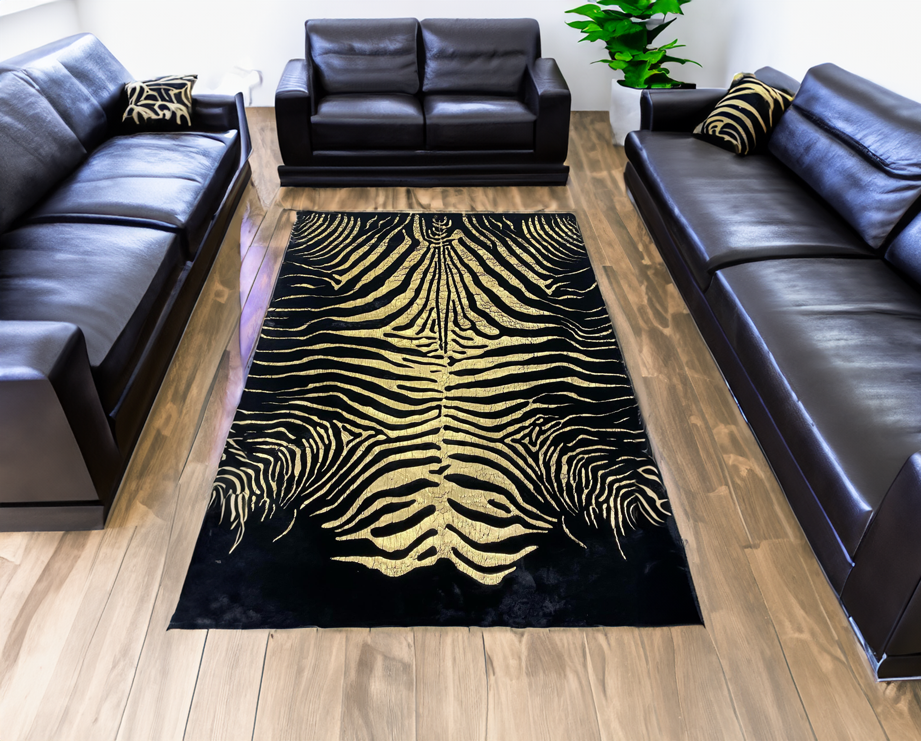 Luxury Black Gold Bedroom Plush Rug with Zebra pattern