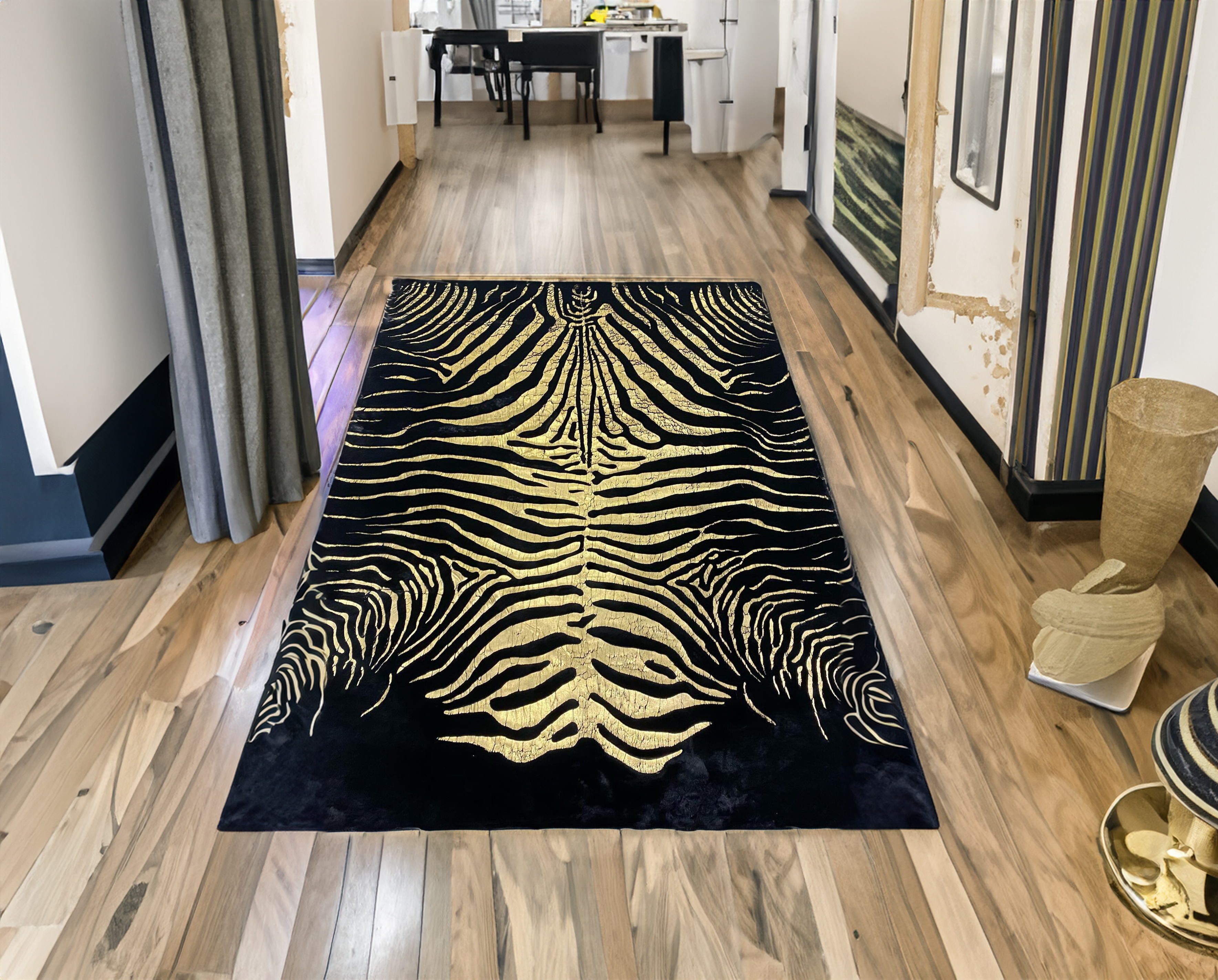 Luxury Black Gold Bedroom Plush Rug with Zebra pattern