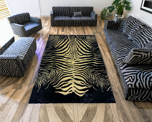 Luxury Black Gold Bedroom Plush Rug with Zebra pattern