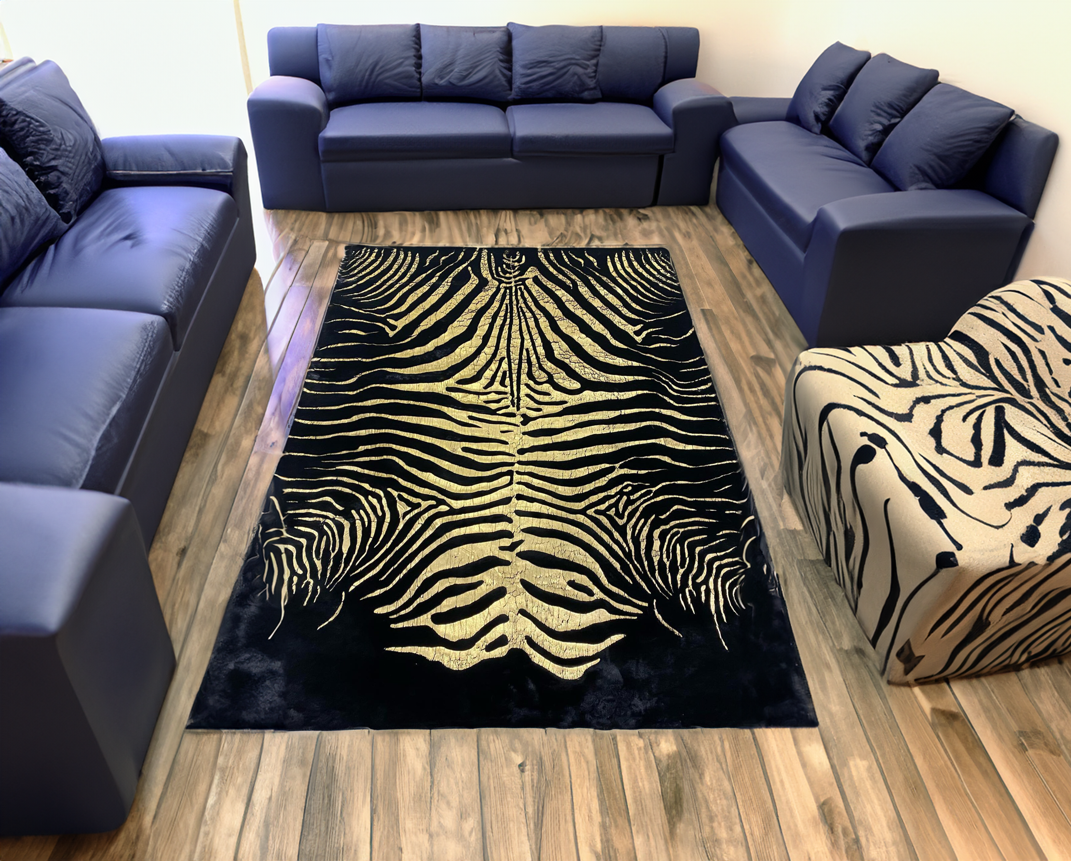 Luxury Black Gold Bedroom Plush Rug with Zebra pattern