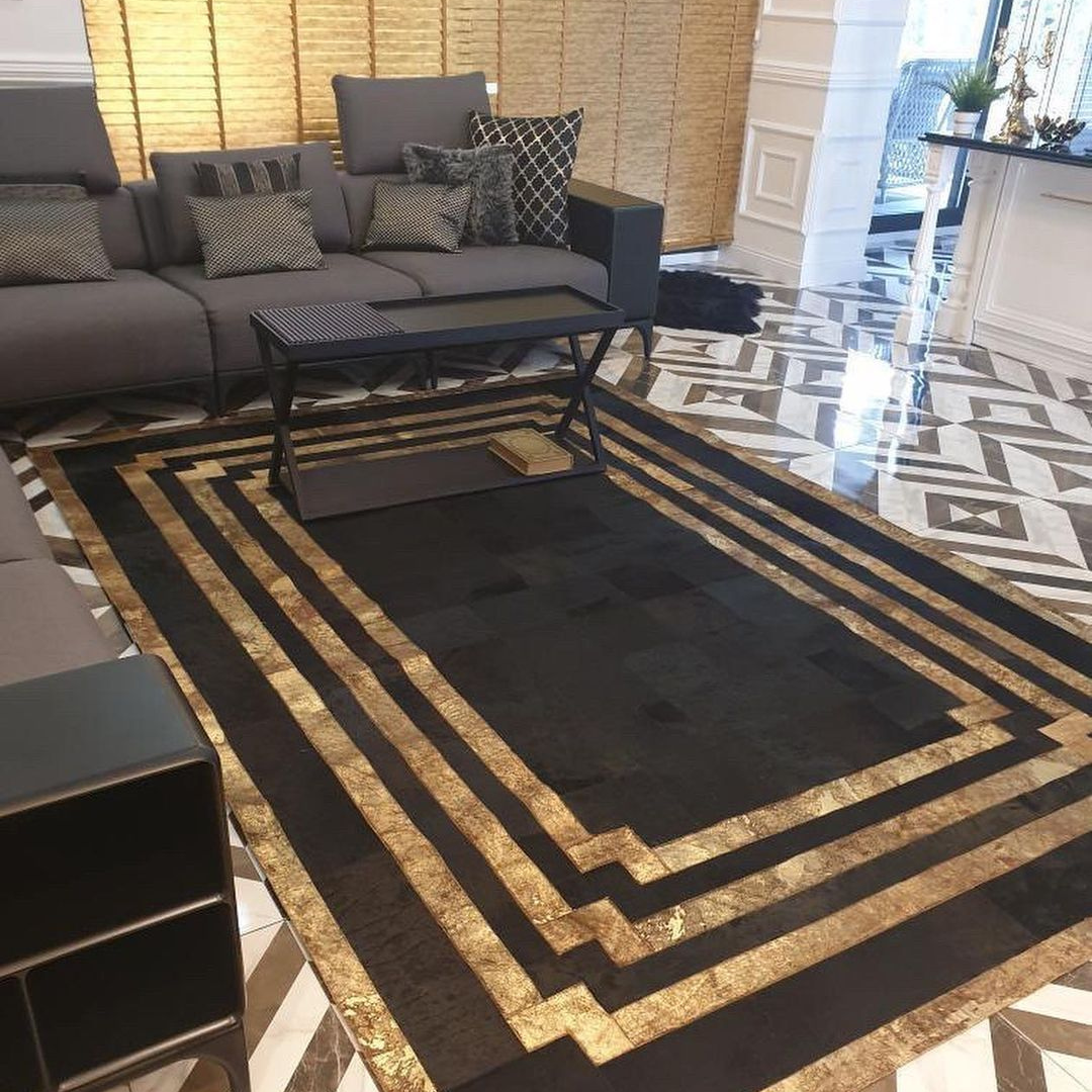 Black Gold Patchwork Cowhide Area Rug