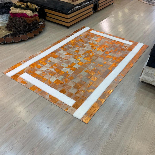 Orange Patchwork Cowhide Area Rug