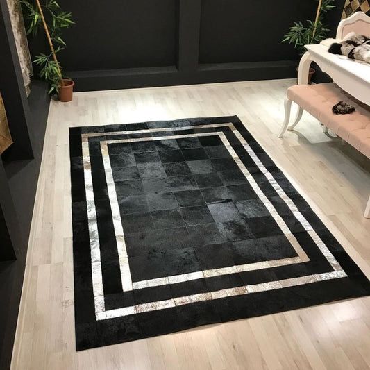 Black Silver Cowhide Area Rug