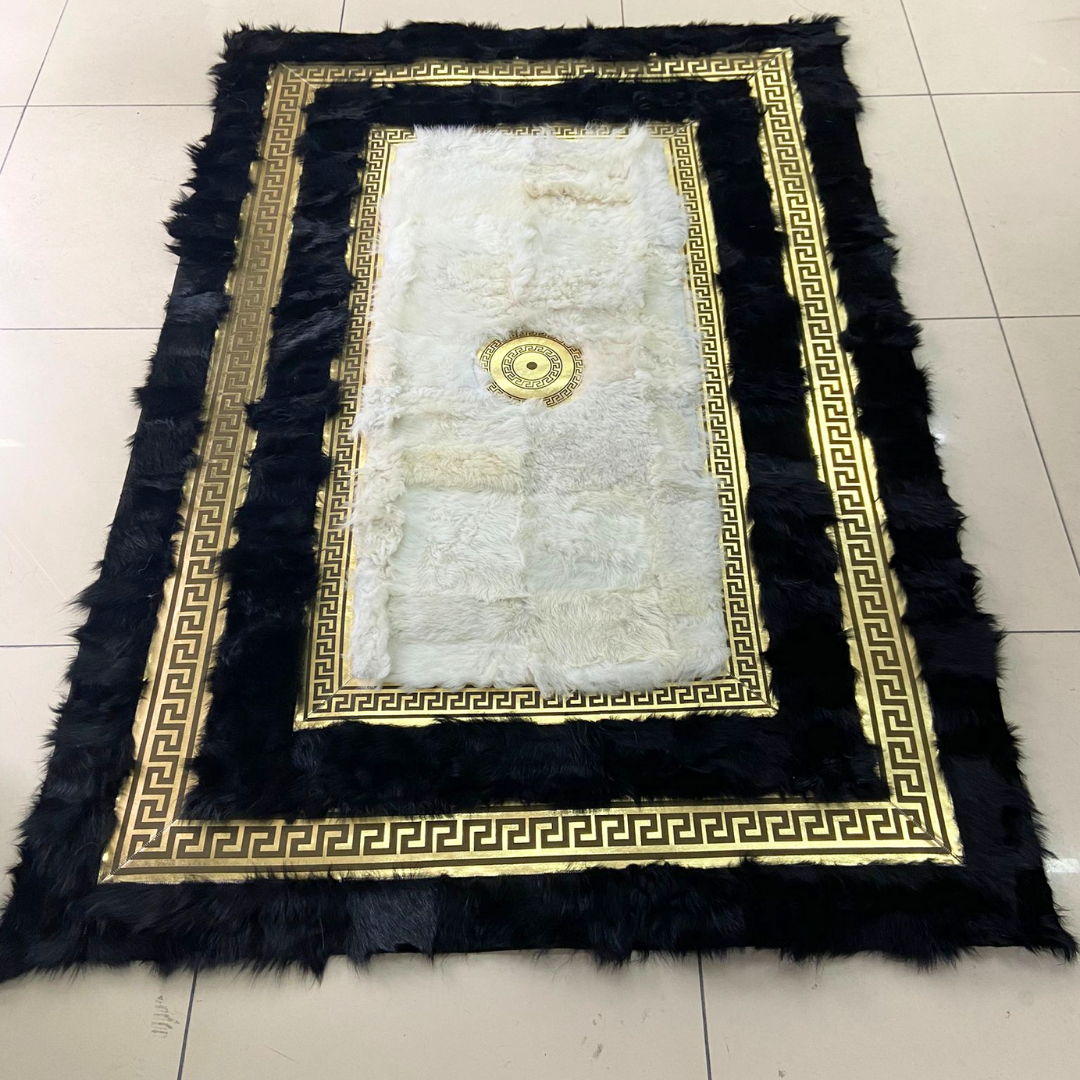 Sheepskin Fluffy Black Gold White Rug