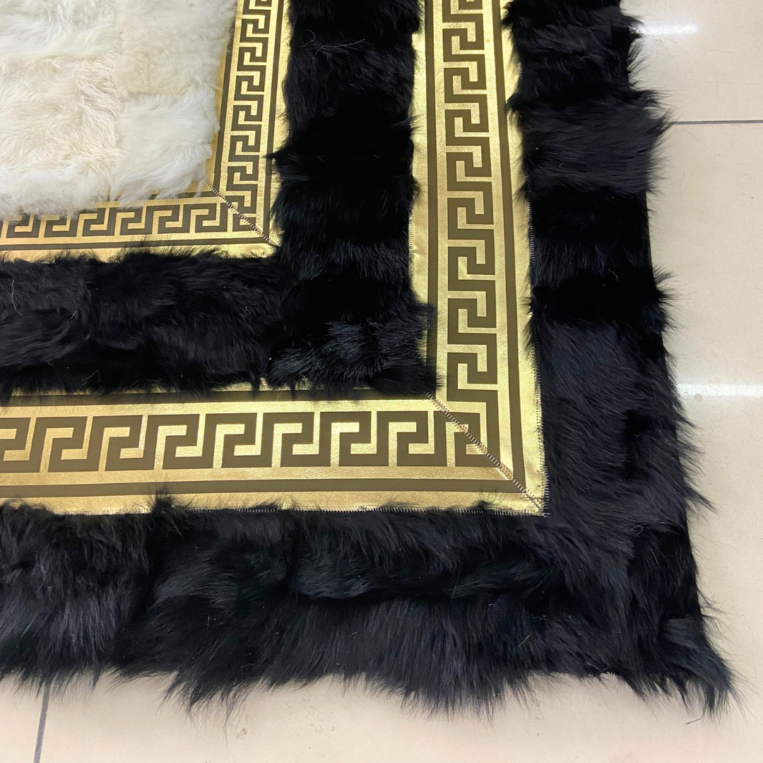 Sheepskin Fluffy Black Gold White Rug