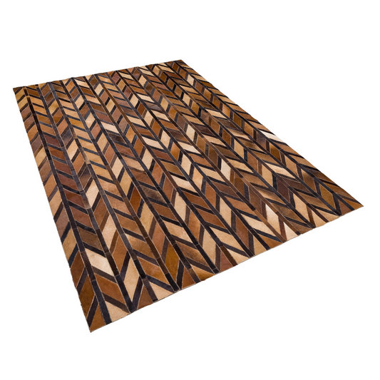 Geometric Brown Cowhide Leather Rug