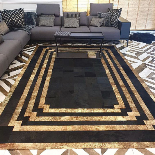 Black Gold Patchwork Cowhide Area Rug