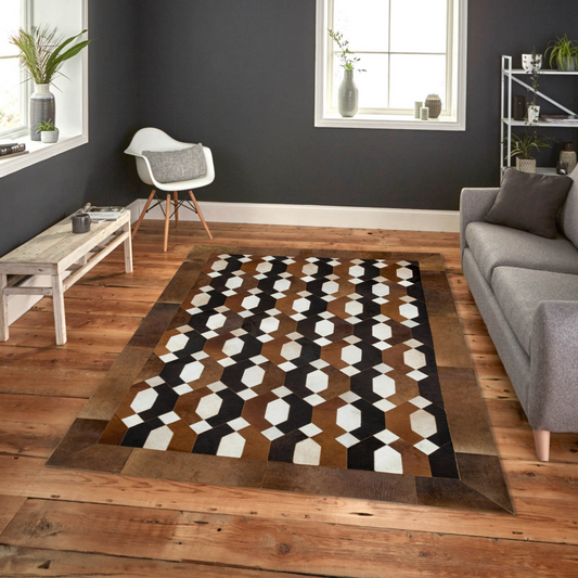 Patchwork Geometric Natural Cowhide Rug