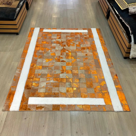 Orange Patchwork Cowhide Area Rug