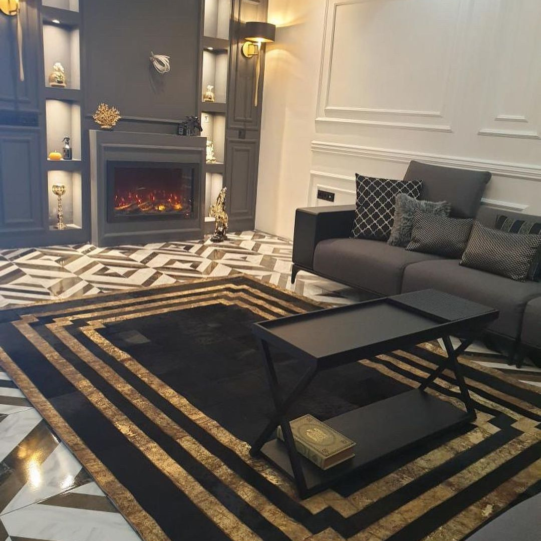 Black Gold Patchwork Cowhide Area Rug