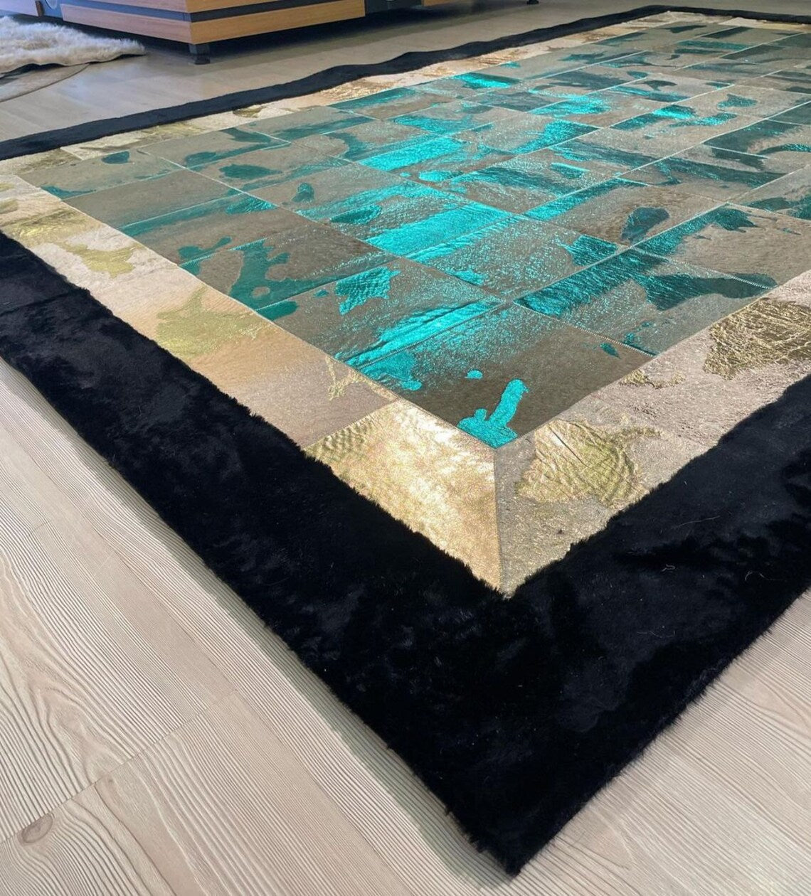 Genuine Cowhide Black Green Rug