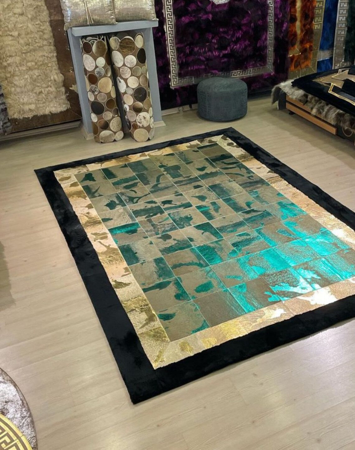 Genuine Cowhide Black Green Rug