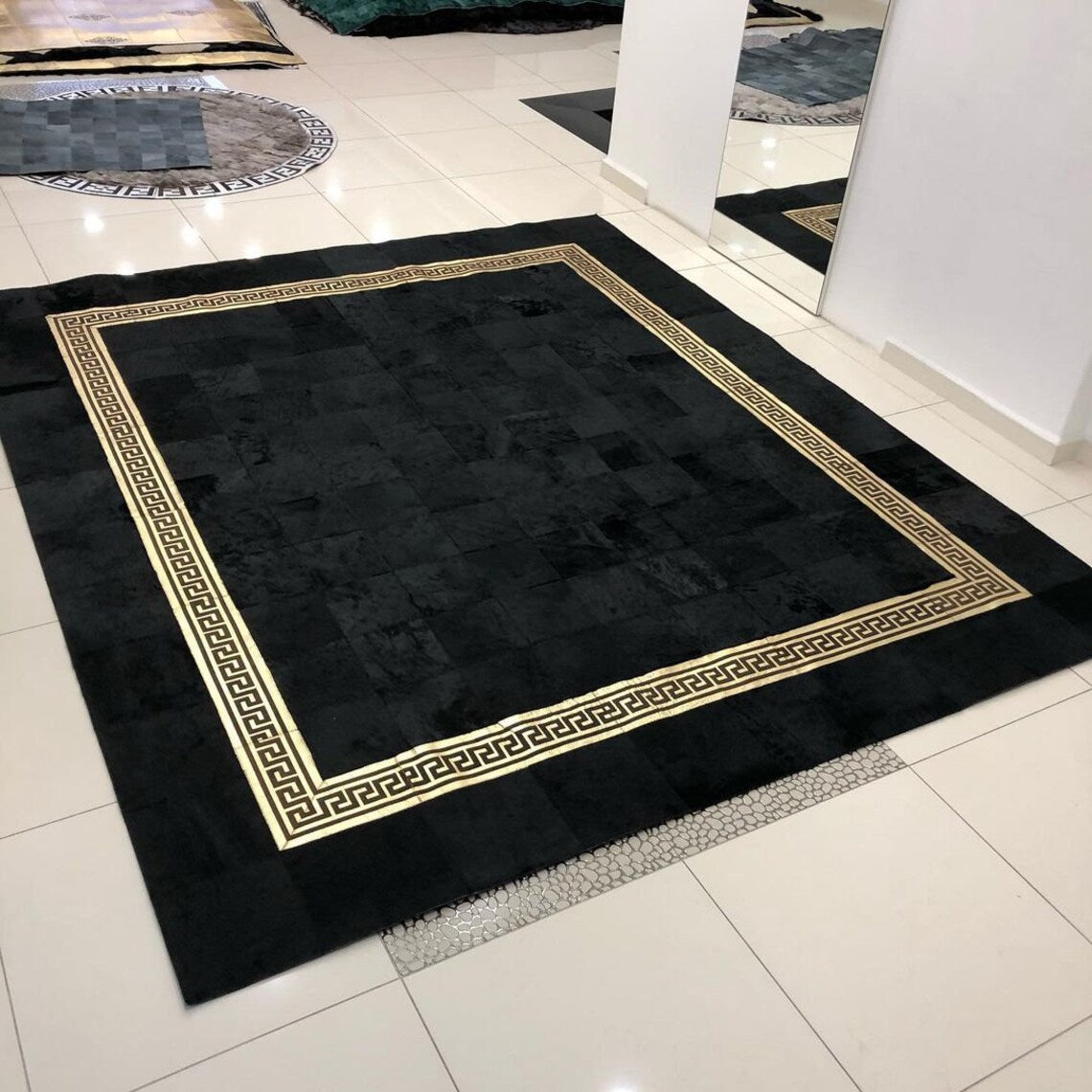 Patchwork Cowhide Black Gold Rug