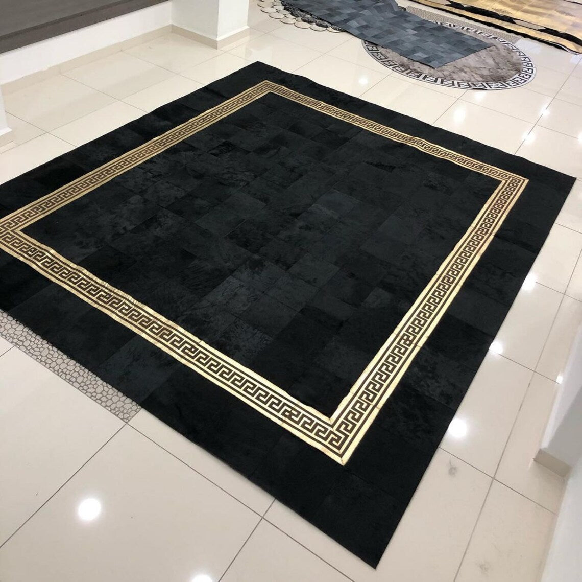 Patchwork Cowhide Black Gold Rug