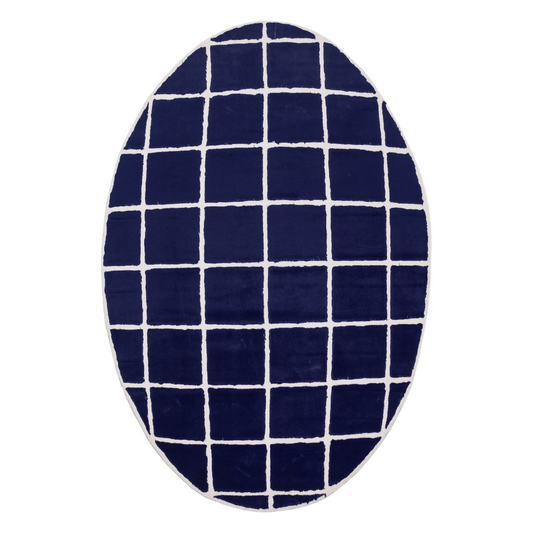 Oval Navy Blue White Plush Rug